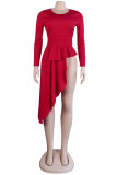 Red Fashion Casual Solid Patchwork O Neck Irregular Long Sleeve Tops