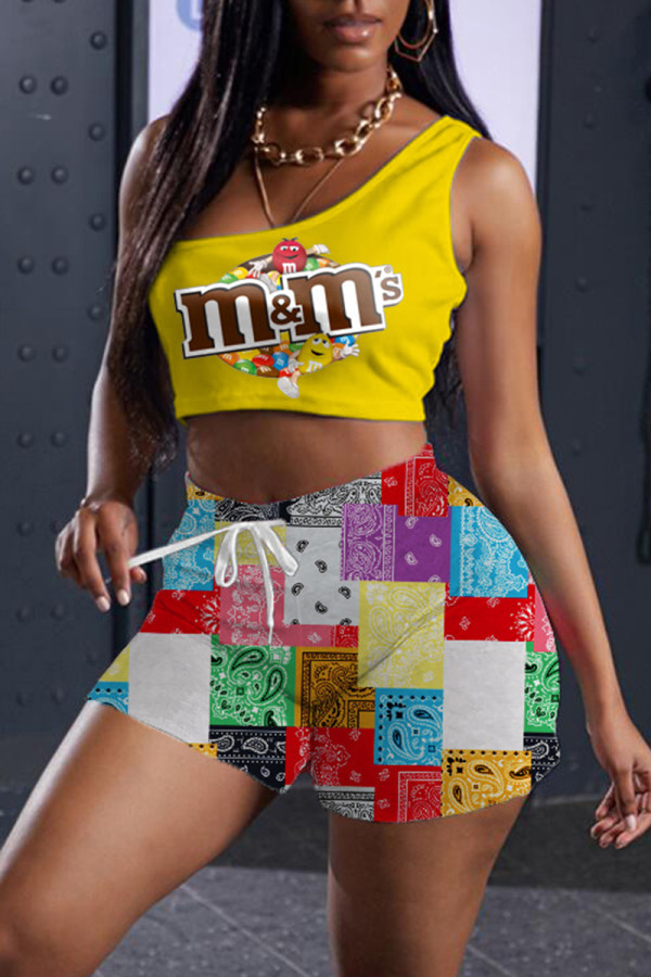Yellow Brown Fashion Casual Print Basic One Shoulder Sleeveless Two Pieces