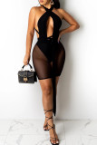 Red Sexy Solid Patchwork Asymmetrical Mesh Wrapped Skirt Dresses