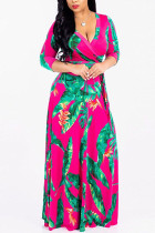 rose red Modaier Fashion adult Ma'am Lightly cooked Cap Sleeve 3/4 Length Sleeves V Neck Swagger Floor-Length Print Dresses