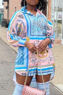Blue Fashion Casual Print Asymmetrical Turndown Collar Shirt Dress