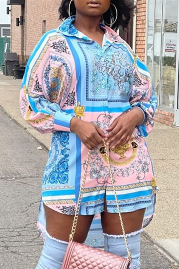 Blue Fashion Casual Print Asymmetrical Turndown Collar Shirt Dress