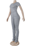 Blue Sexy Solid Patchwork Fold O Neck Short Sleeve Two Pieces