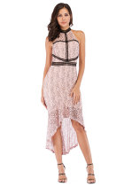 Pink Fashion Off The Shoulder Sleeveless O neck Mermaid Mid-Calf asymmetrical Patchwork lace 