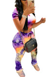 purple Fashion Casual Print Two Piece Suits pencil Short Sleeve Two Pieces
