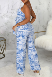Blue Sexy Print Patchwork Spaghetti Strap Straight Jumpsuits
