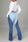 Baby Blue Fashion Casual Patchwork Basic High Waist Straight Jeans
