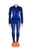 Blue Fashion Casual Solid Basic Turndown Collar Plus Size Set