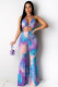 violet Fashion Sexy Print Patchwork bandage Tie-dyed Hollow Sleeveless Hanging neck Jumpsuits
