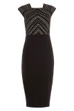 Black Fashion Sleeveless O neck Slim Dress Knee-Length diamonds split 