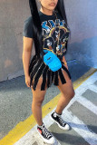Blue Casual Black Short Sleeves O neck cake dress Knee-Length Print Dresses