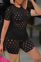 Black Sexy Solid Hollowed Out O Neck Short Sleeve Two Pieces