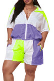 purple Fashion Casual adult Ma'am Turndown Collar Patchwork Zippered Two Piece Suits Zipper Plus Size