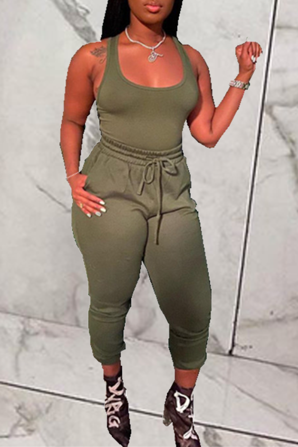 Green Casual Solid Patchwork U Neck Sleeveless Two Pieces