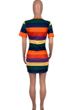 cartoon Fashion Casual cartoon multicolor Cap Sleeve Short Sleeves O neck Step Skirt skirt Striped Print Dresses