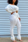 White Fashion British Style Adult Solid Draw String Fold O Neck Long Sleeve Regular Sleeve Short Two Pieces