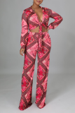 Red Sexy Print Patchwork V Neck Long Sleeve Two Pieces