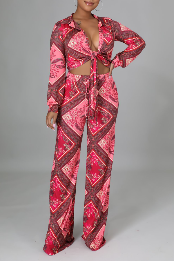 Red Sexy Print Patchwork V Neck Long Sleeve Two Pieces