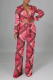 Red Sexy Print Patchwork V Neck Long Sleeve Two Pieces