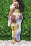 Blue Sexy Patchwork Tie-dye U Neck Pencil Skirt Dresses