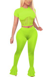 Fluorescent green Fashion Sexy adult Ma'am Patchwork Solid Two Piece Suits Straight Short Sleeve Two Pieces