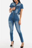 Dark Blue Fashion Casual Solid Zipper Turndown Collar Regular Jumpsuits