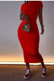Red Fashion Casual White Red Black Orange Yellow Cyan Cap Sleeve Short Sleeves O neck Pencil Dress Mid-Calf Solid Dresses