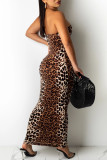 Brown Fashion Sexy Print Leopard Backless Strapless Sleeveless Dress
