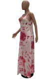 Navy Blue Casual Off The Shoulder Sleeveless Slip Swagger Floor-Length Print Patchwork