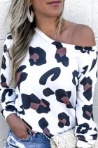 White One Shoulder Collar Long Sleeve Leopard Slim fit Tops