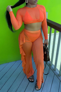 Tangerine Red Sexy Patchwork See-through Mesh O Neck Long Sleeve Two Pieces