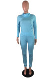 Light Blue Street Solid Patchwork Hooded Collar Long Sleeve Two Pieces