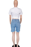Black White Black Light Blue Denim Zipper Fly Mid Solid Hole pencil Capris Bottoms
