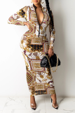 Multicolor Sexy Print Patchwork Zipper Collar Pencil Skirt Dresses