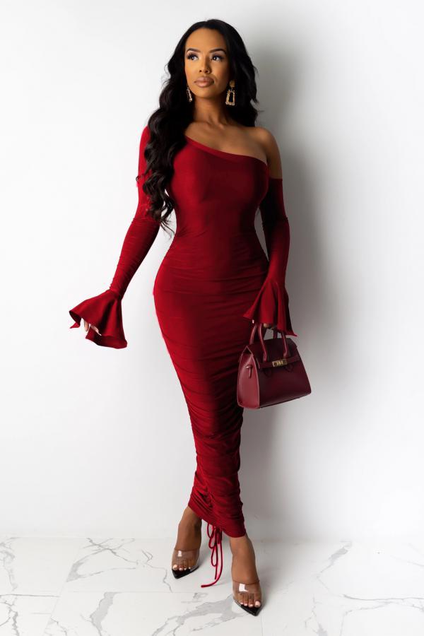 Wine Red Fashion Sexy adult Bell sleeve Long Sleeves one shoulder collar Step Skirt Ankle-Length Pa