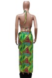 Orange Sexy Print Backless Swimwears Three-piece Set
