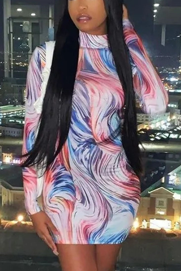 Multicolor Sexy Print O Neck Wrapped Skirt Dresses
