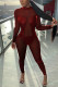 Wine Red Street Solid Patchwork Mandarin Collar Jumpsuits