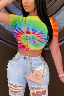 Multi-color Camouflage O Neck Short Sleeve Patchwork Print Slim fit backless Camouflage Tie Dye Bandage crop top Tops