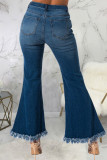 Dark Blue Fashion Sexy Tassel Ripped Slit Pants High Waist Boot Cut Denim