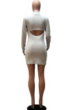 Grey Sexy Solid Hollowed Out O Neck Long Sleeve Mini Pencil Skirt Dresses