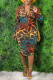 Brown Print V Neck Wrapped Skirt Dresses
