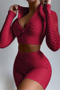 Burgundy Casual Sportswear Solid Basic Zipper Collar Long Sleeve Two Pieces