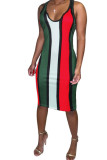 Red Fashion Sexy Red Blue Pink Yellow Wine Red Navy Blue Tank Sleeveless V Neck Hip skirt Knee-Length Striped Dresses