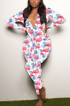 Blue Red Living Print V Neck Skinny Jumpsuits