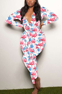 Blue Red Living Print V Neck Skinny Jumpsuits