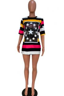 Multi-color O Neck Half Sleeve Sequin Striped Patchwork Tees & T-shirts