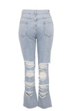 Baby Blue Sexy Solid Ripped High Waist Denim
