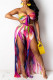Blue Purple Fashion Sexy Print Tie Dye Backless Slit Strapless Sleeveless Two Pieces