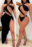 Black Fashion Sexy Solid Hollowed Out Backless Halter Sleeveless Two Pieces
